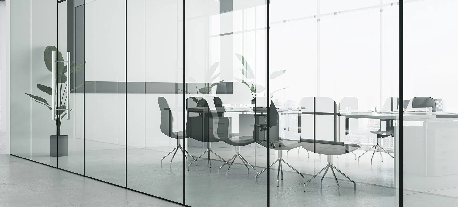 Cam bölmeli modern toplantı odası, minimal ofis dekorasyonu