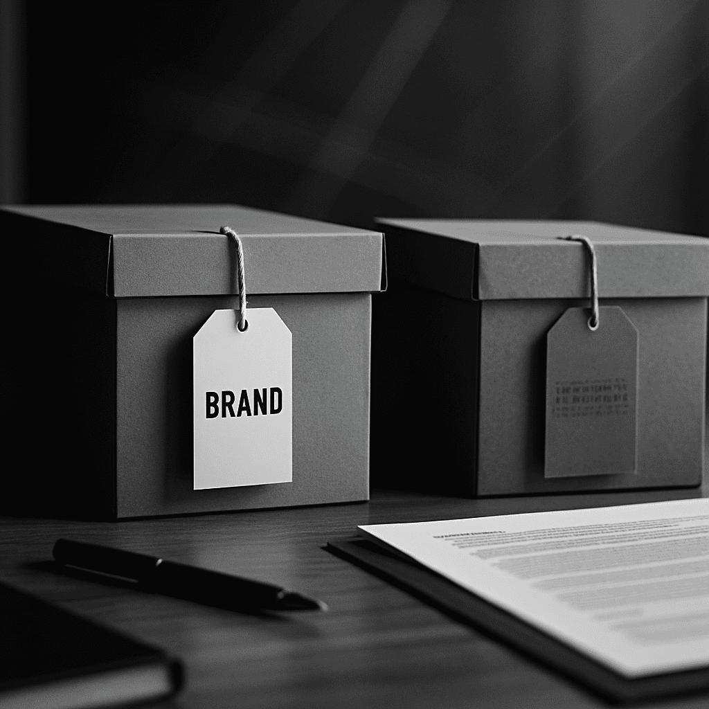 Etiketinde “Brand” yazan kutu ve ticari belgeyle birlikte masa düzeni.