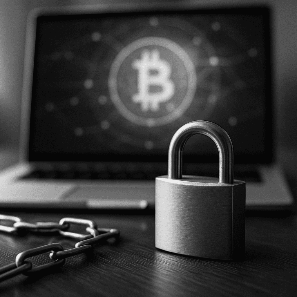 Bitcoin simgesi görünen ekrana karşı zincir ve kilit ile temsil edilen dijital güvenlik sahnesi.