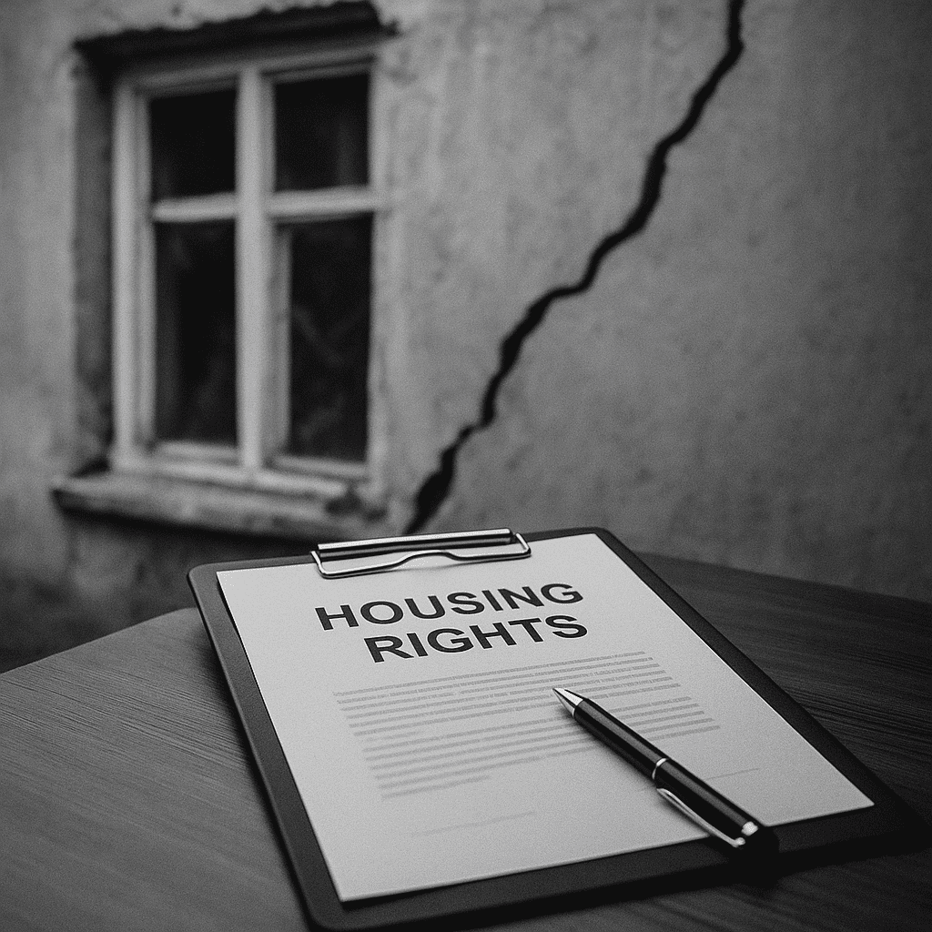 Çatlamış bir bina duvarı önünde “Housing Rights” başlıklı belge ve kalem.