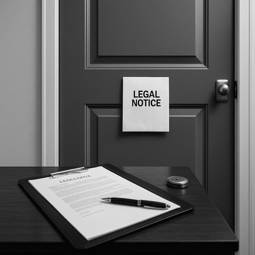 Kapıya asılmış “Legal Notice” yazısı ve masa üzerinde hukuki evrak.