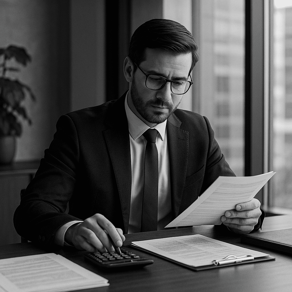 Takım elbiseli adam masa başında belge inceliyor, hesap makinesiyle finansal analiz yapıyor.